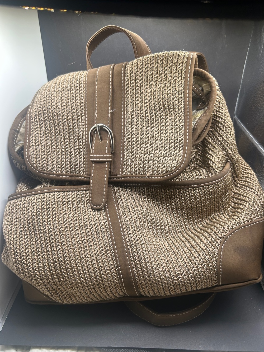The Sak Brown Woven Mini Backpack - Textured Straw Look